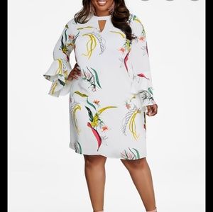 White, floral print, shift dress w/ bell sleeves
